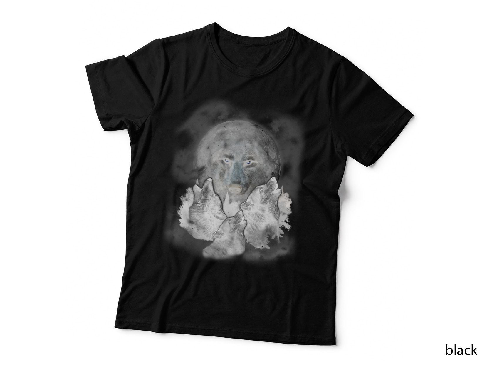 T-Shirt, Three Wolves Howling, Full Moon W Wolf Silhouette