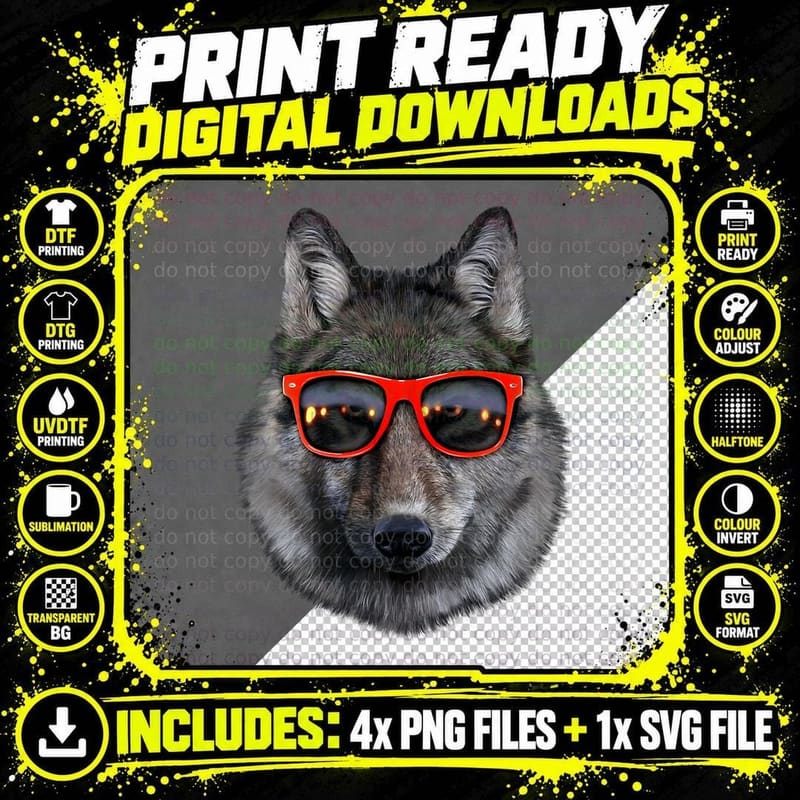 T-Shirt, Wolf in Retro Sunglass Frame, Wolves Png SVG Digital Bundle