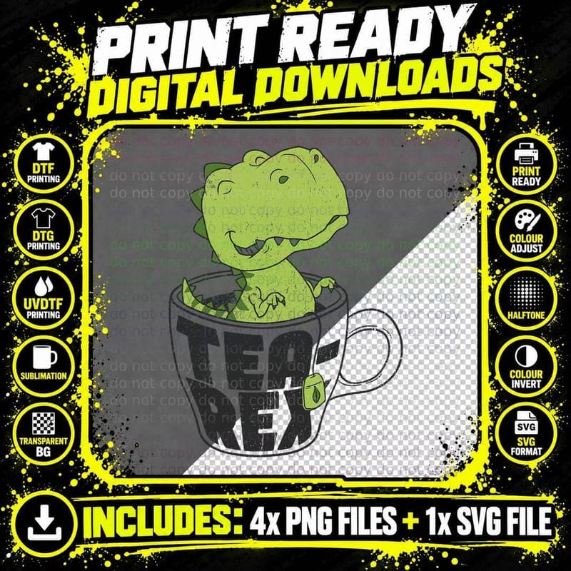 Tea Rex Cute T Rex Dinosaur Dino Tea Lover T-Shirt Png SVG Digital Bundle