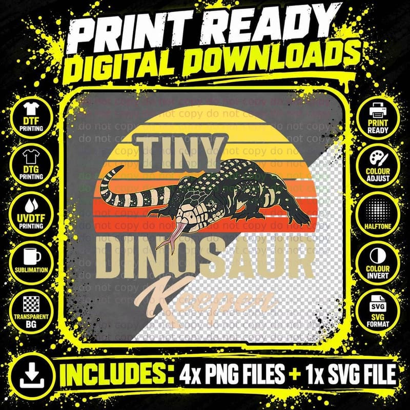 Tegu Lizard Reptile Tiny Dinosaur Keeper Retro Png SVG Digital Bundle