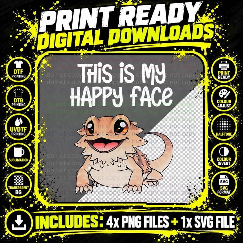 This Is My Happy Face Cute Bearded Dragon Reptile Lizard Png SVG Digital Bundle