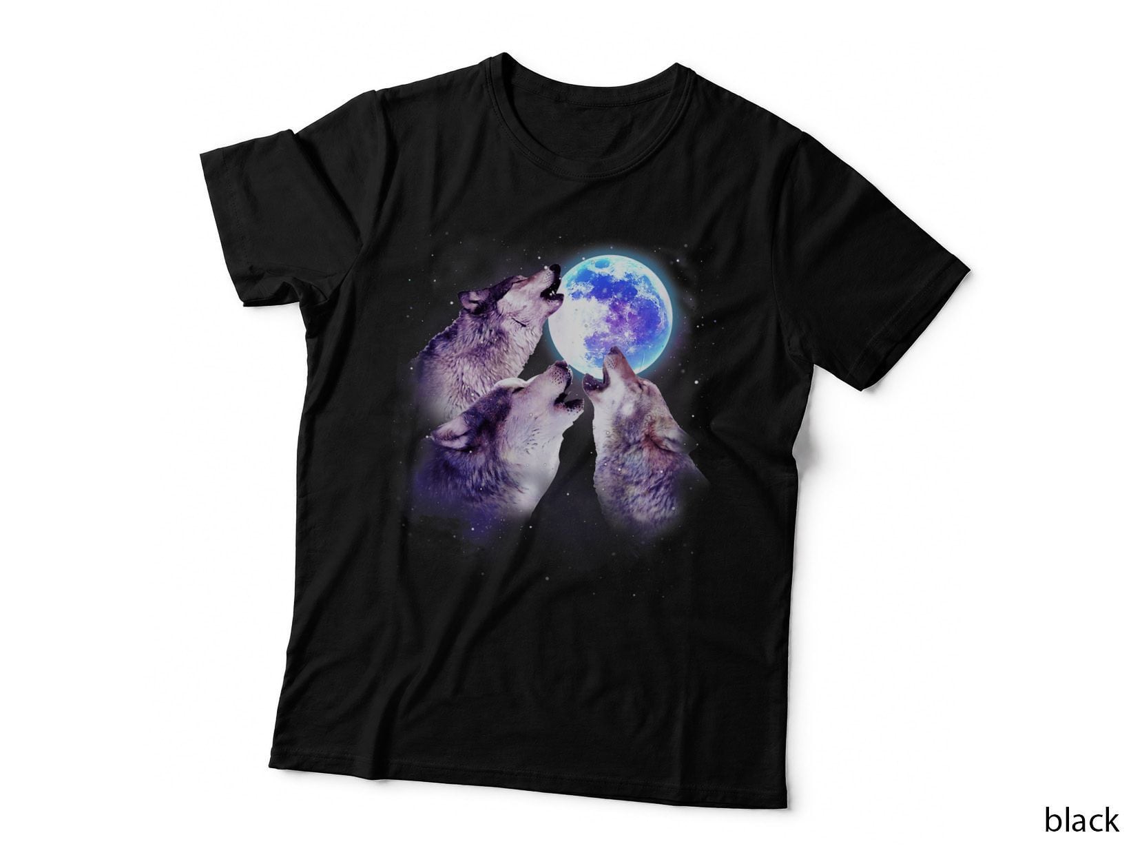 Three Grey Wolf Howling at the Moon 3 Wolves Space Galaxy T-Shirt