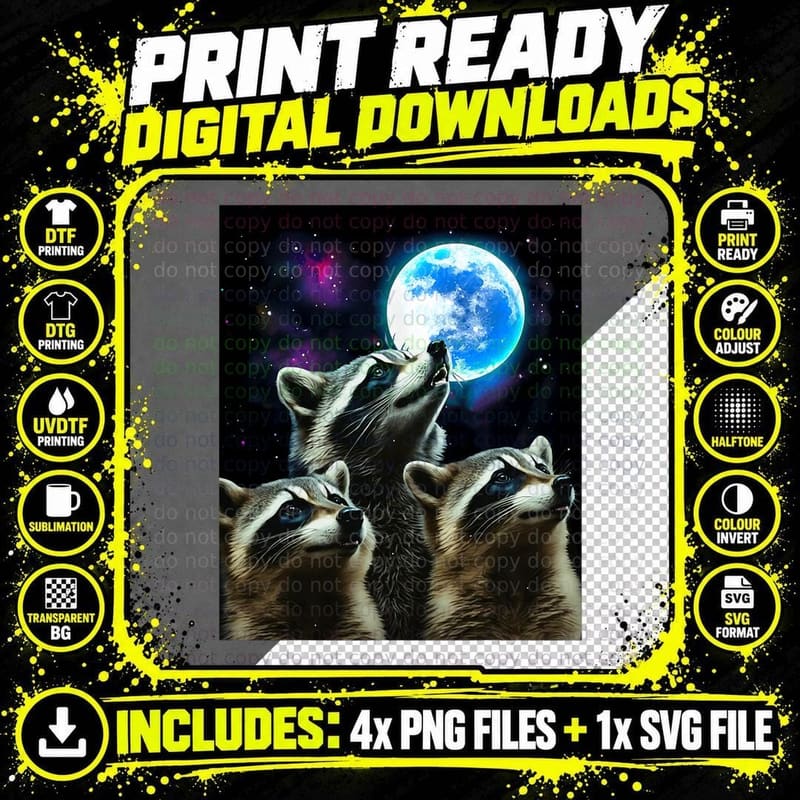 Three Raccoons Howling at the Moon Funny Raccoon Trash Png SVG Digital Bundle