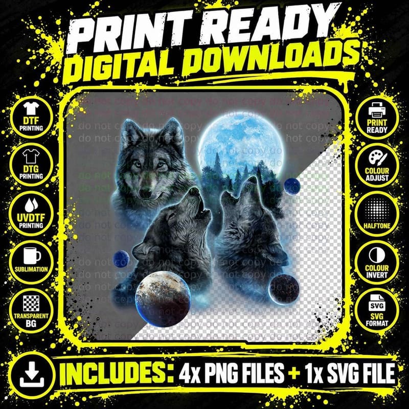 Three Wolf Howling and Moon T-Shirt Png SVG Digital Bundle