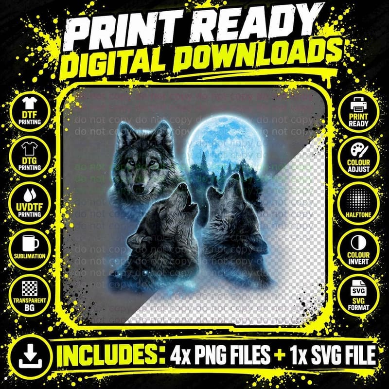 Three Wolves Howling Under Icy Full Moon Png SVG Digital Bundle