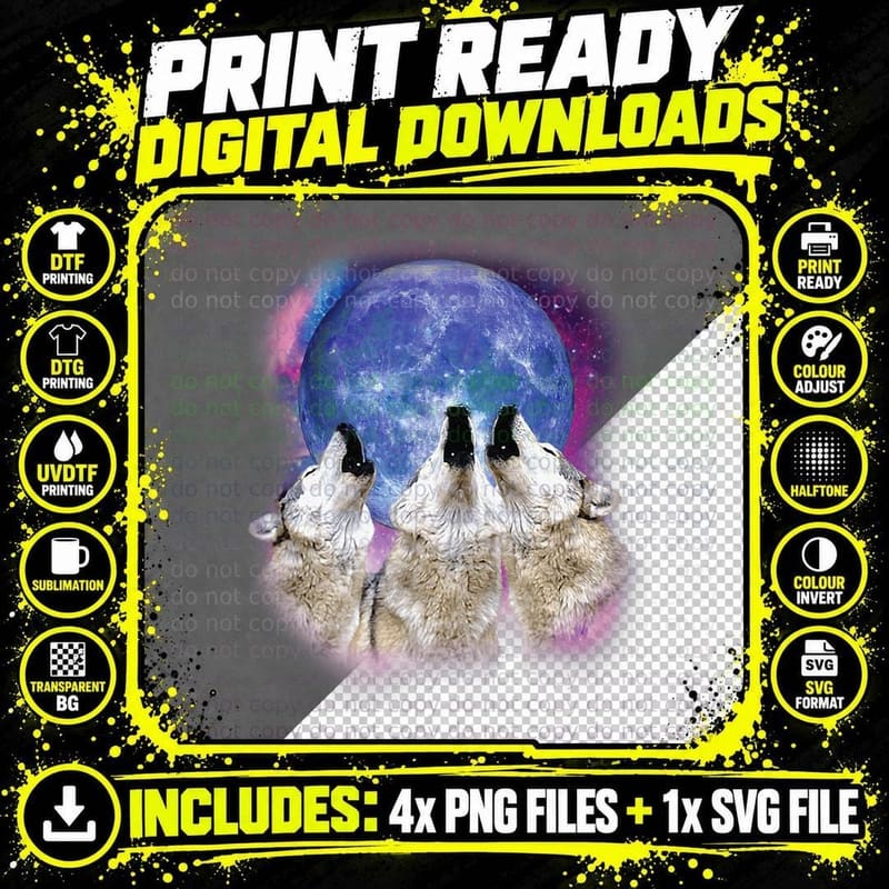 Three Wolves Howling at the Moon Wolf Illustration Png SVG Digital Bundle