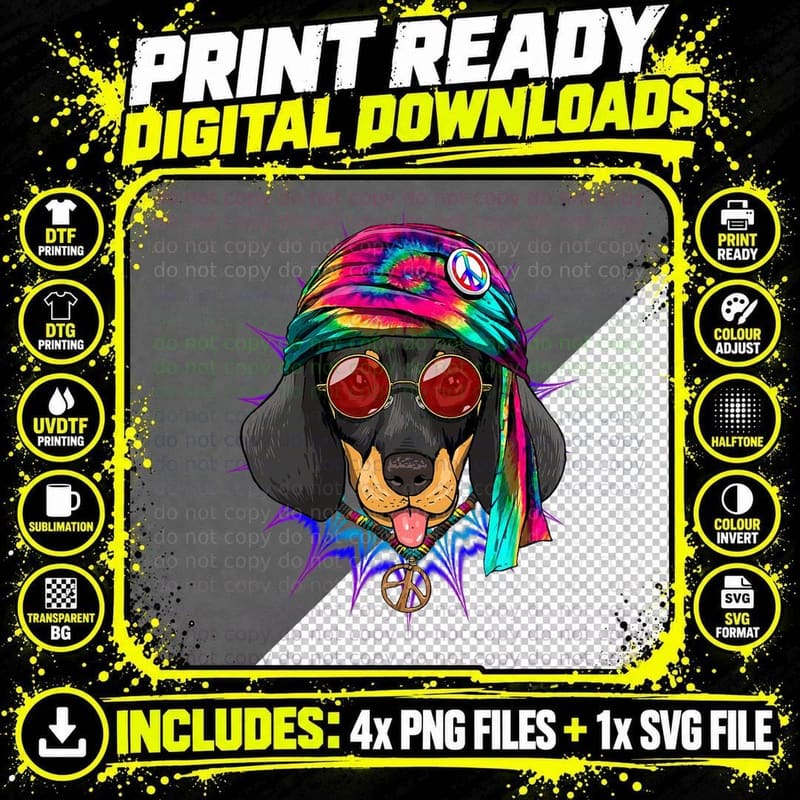 Tie Dye Hippie Dachshund Shirt Weiner Dog Dachshund Png SVG Digital Bundle