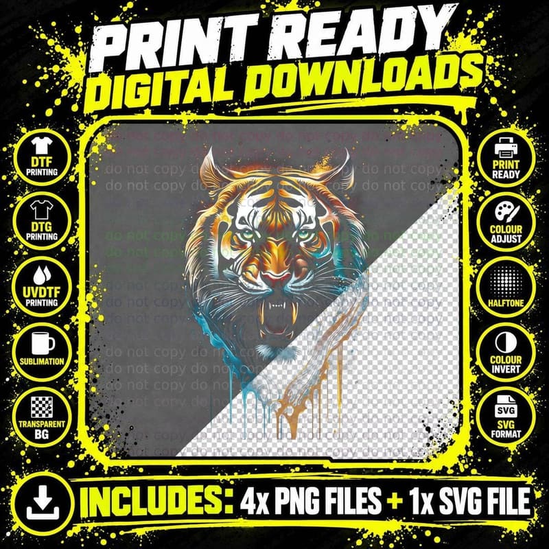 Tiger Head Dripping Paint T-Shirt, Wild Cat Art Print Png SVG Digital Bundle