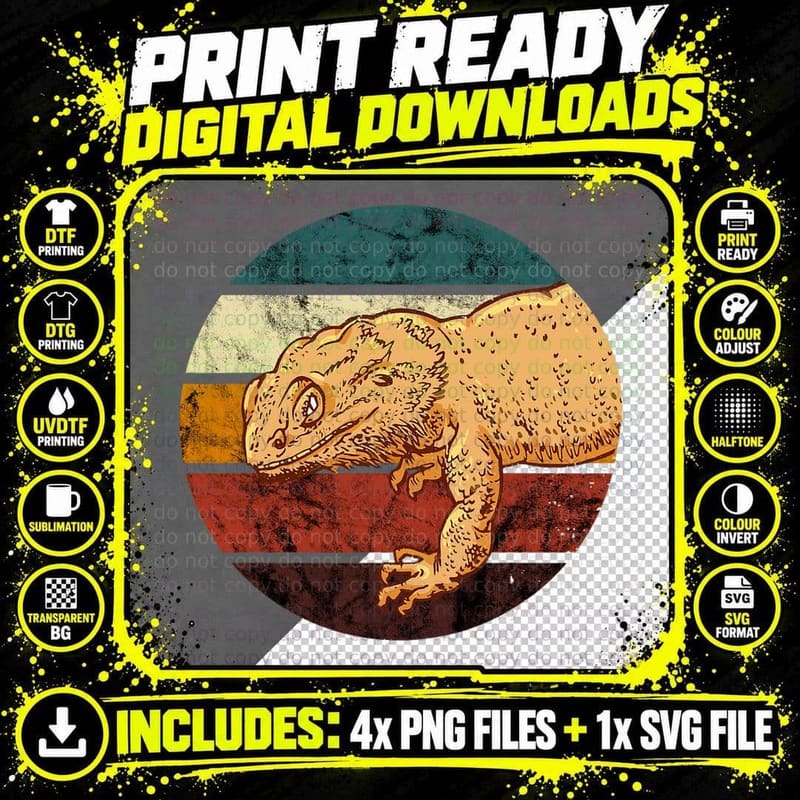Tiny Dinosaur Reptile Lover Retro Vintage Bearded Dragon Png SVG Digital Bundle