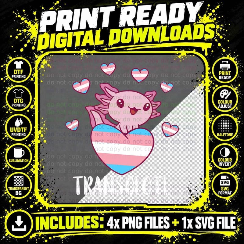 Transgender Happy Axolotl LGBTQ Trans Pride Equality Png SVG Digital Bundle