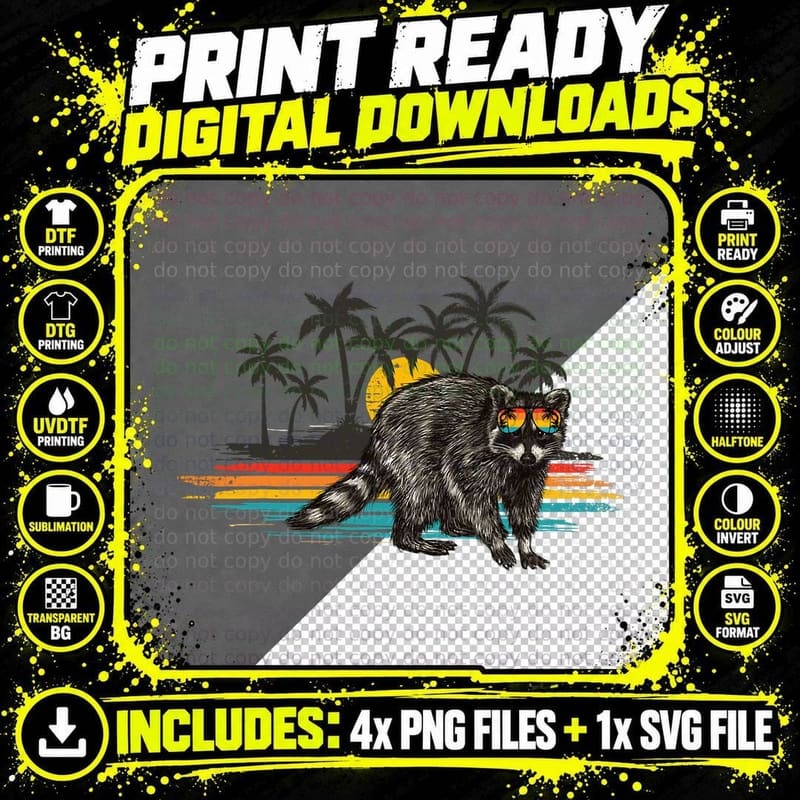Trash-Panda Raccoon Palmtree Beach Vacation T-Shirt Png SVG Digital Bundle