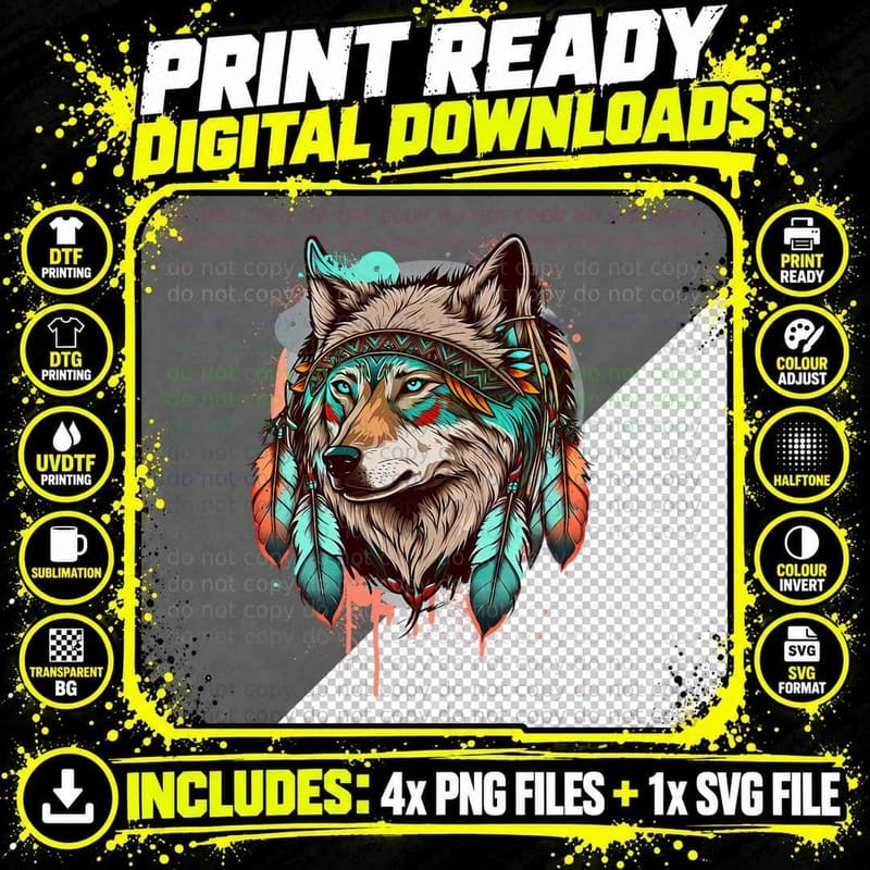Tribal Wolf Watercolor Splash Southwestern Motifs T-Shirt Png SVG Digital Bundle