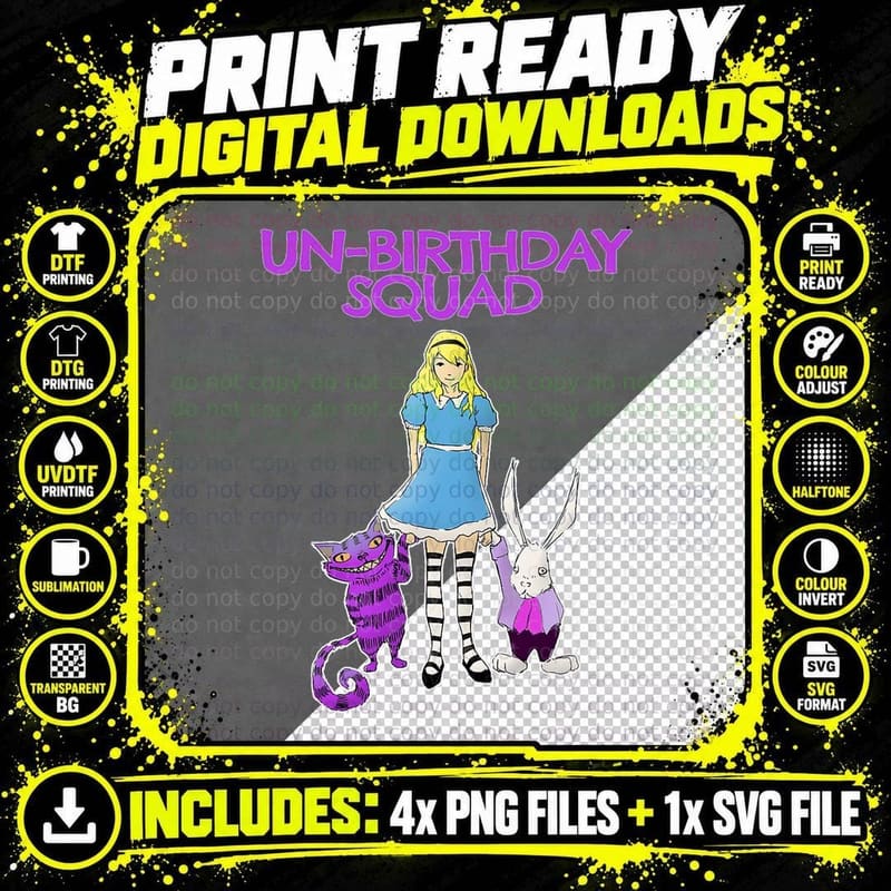 Unbirthday Squad - Alice Cheshire Grinning Cat White Png SVG Digital Bundle