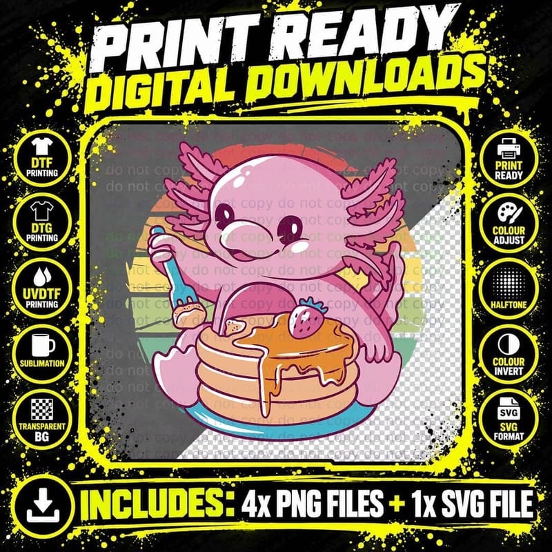 Vintage Funny Cartoon Axolotl Eating Pancakes Axolotl Png SVG Digital Bundle