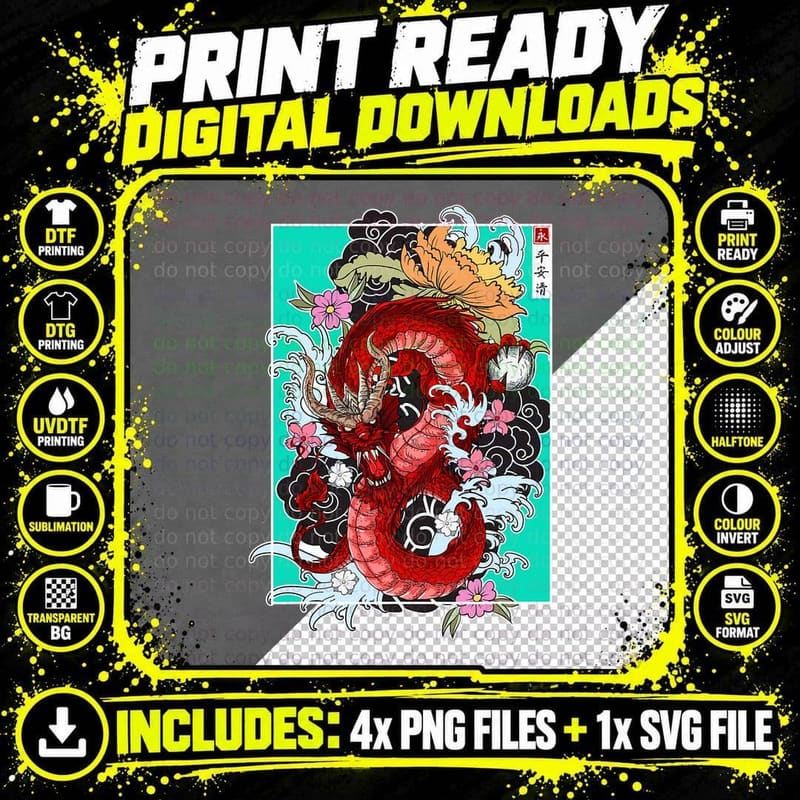 Vintage Sakura Blossom Flowers Japanese Dragon Culture Png SVG Digital Bundle