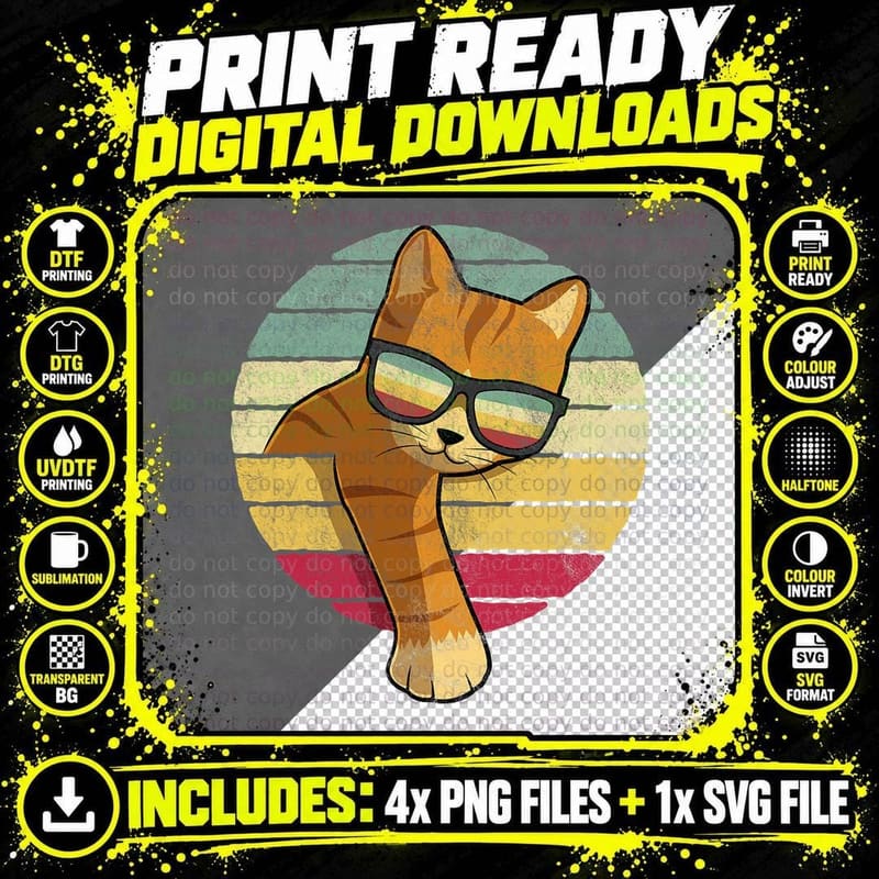 Vintage Style Orange Cat Sunglasses T-Shirt Png SVG Digital Bundle