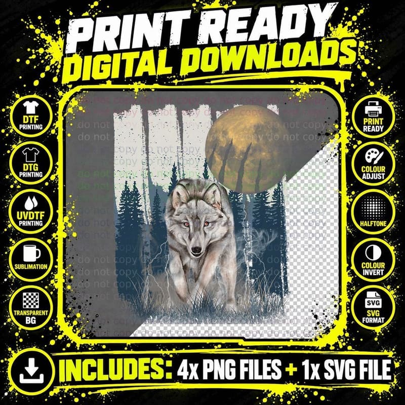 Watercolor Wolf in the Forest Full Yellow Moon T-Shirt Png SVG Digital Bundle