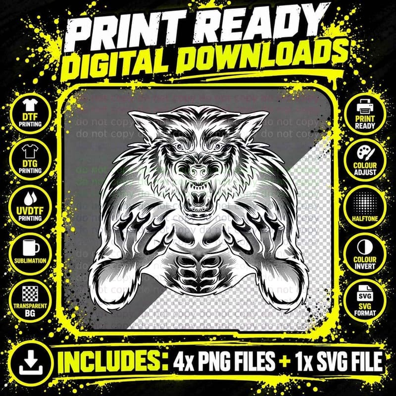 Werewolf Fierce Wolf Man Cryptid Animal Full Moon T-Shirt Png SVG Digital Bundle