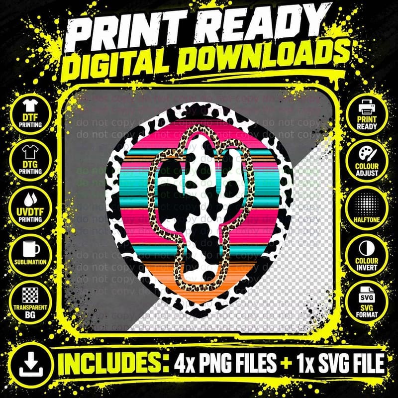 Western Cow Cactus Leopard Cheetha Serape Turquoise Pink Png SVG Digital Bundle