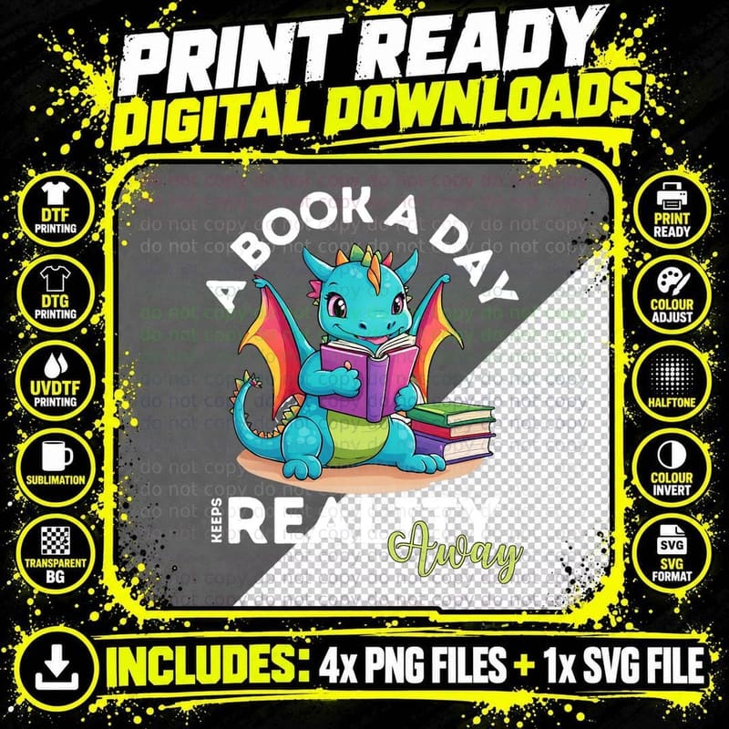 Whimsical Rainbow Dragon Reading Books Png SVG Digital Bundle