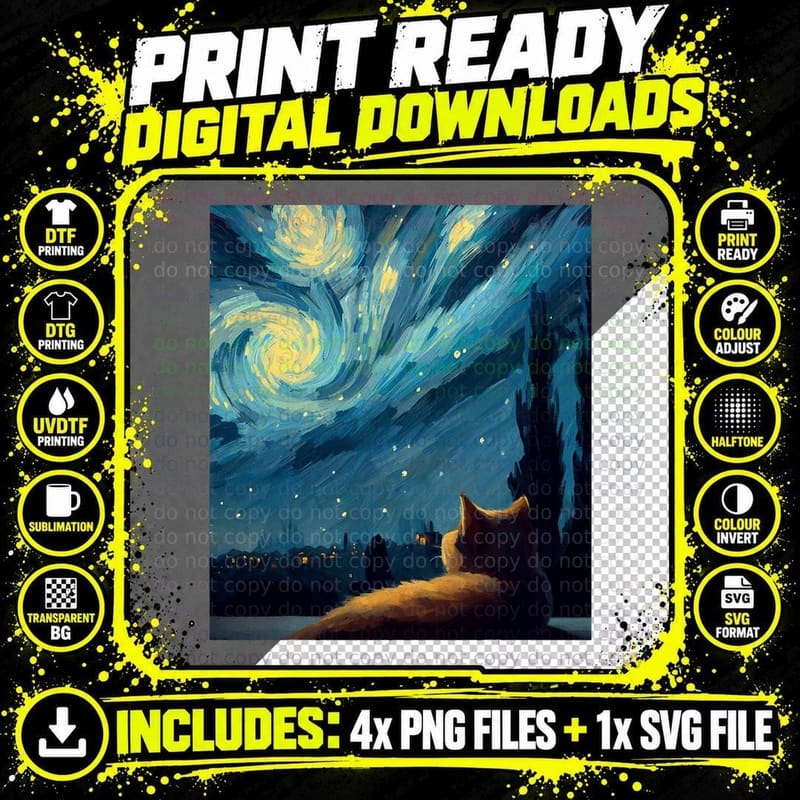 Whiskers and Starry Nights Cat in Van Gogh's Painting Png SVG Digital Bundle