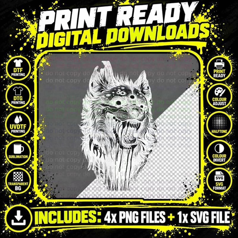 Wolf - Split Face Wolf Magical Wolves Scary T-Shirt Png SVG Digital Bundle