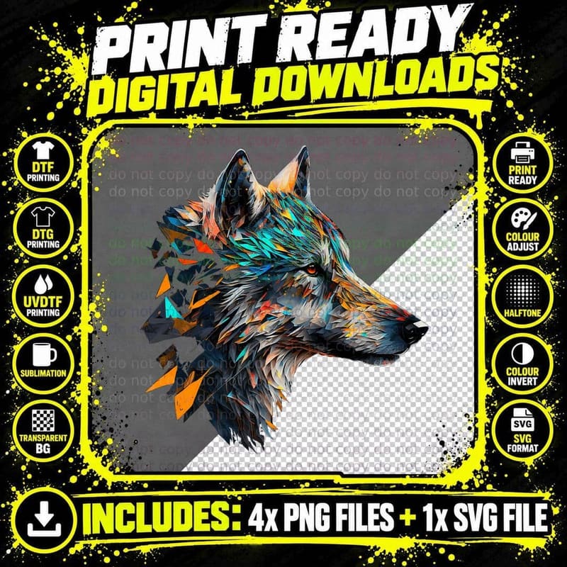 Wolf Colourful Animal Print Artwork Polygon Wolf T-Shirt Png SVG Digital Bundle