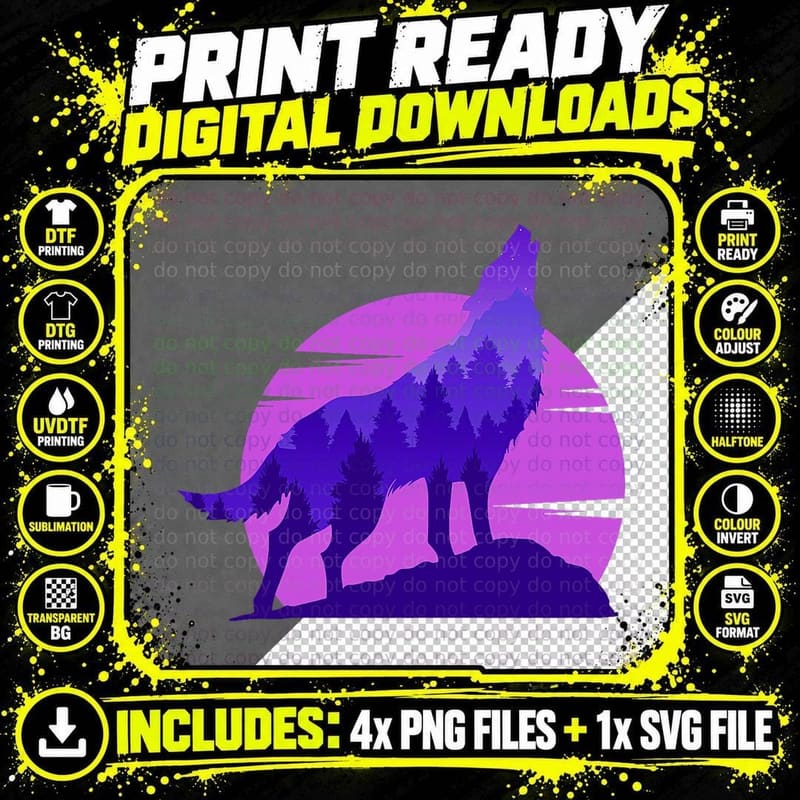 Wolf Double Exposure Artwork - Wildlife Animal Forest Png SVG Digital Bundle