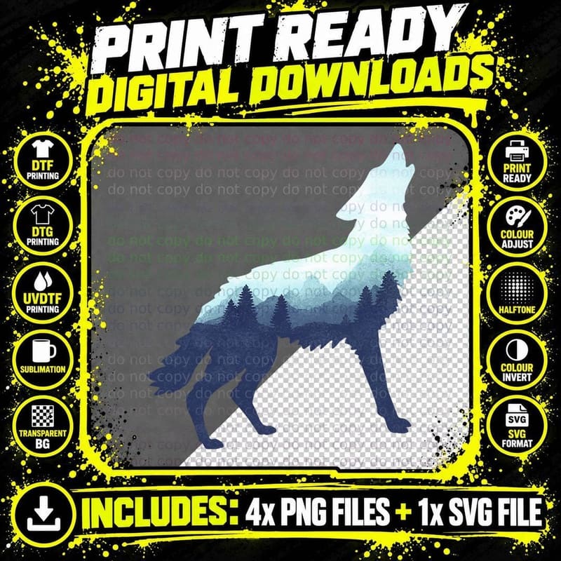 Wolf Double Exposure Surreal Wildlife Animal Wolves Png SVG Digital Bundle