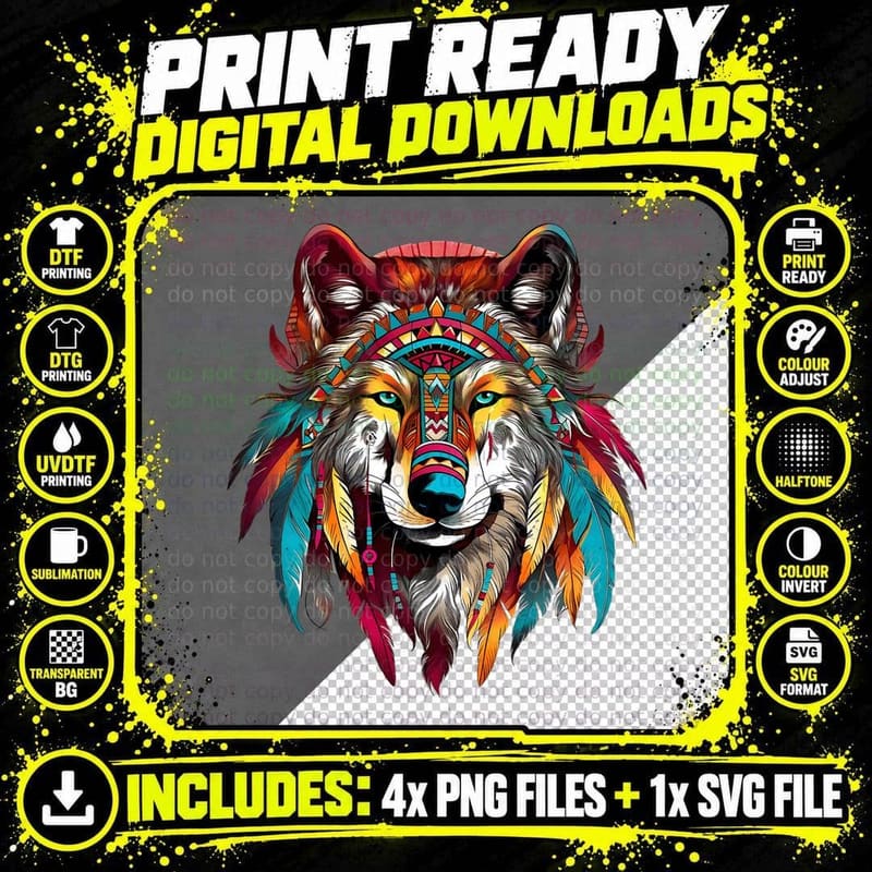 Wolf Dreamcatcher Native American Indian Feathers Tribal Png SVG Digital Bundle