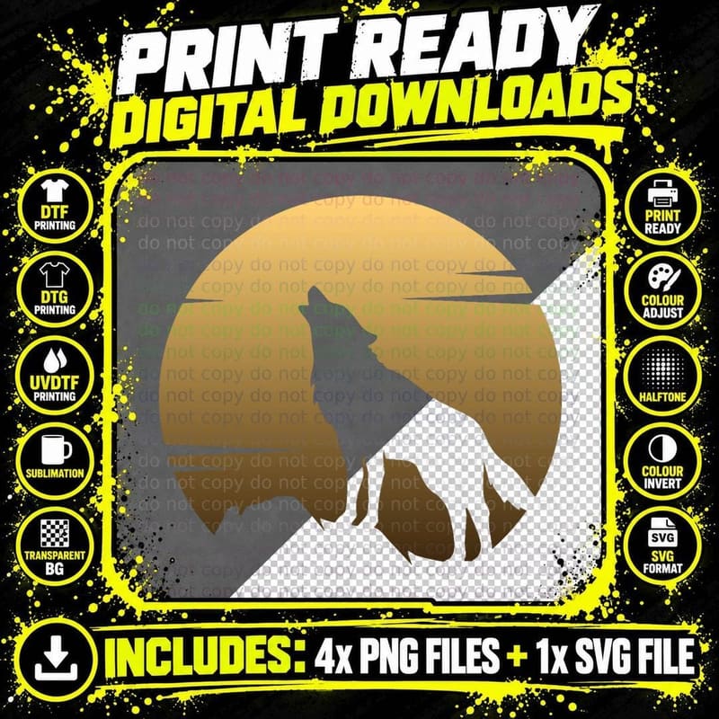 Wolf Howling at the Moon T-Shirt Png SVG Digital Bundle