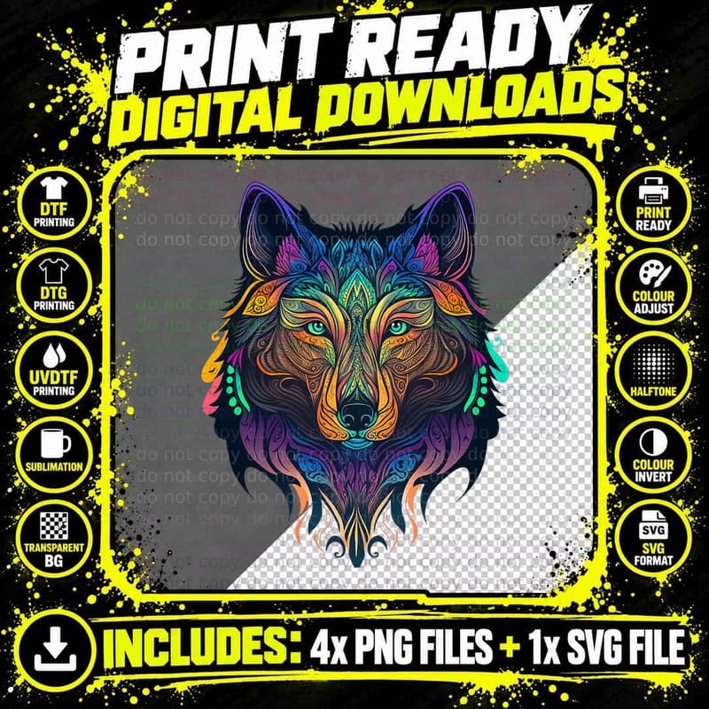 Wolf Lover Shirt Amazing Color Tribal Animal Face Wolf Png SVG Digital Bundle