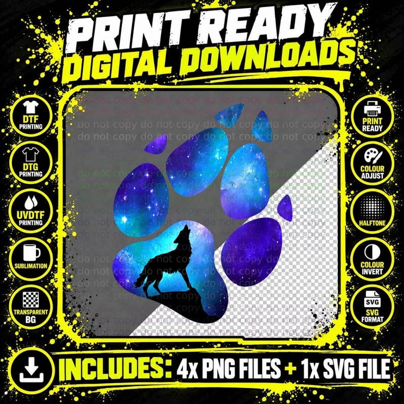 Wolf Paw Galaxy Wild Lone Wolves Double Exposure Stars Png SVG Digital Bundle