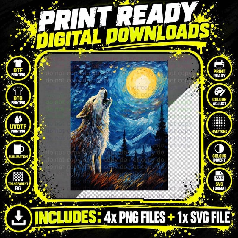 Wolf Starry Night Van Gogh Style Moon T-Shirt Png SVG Digital Bundle