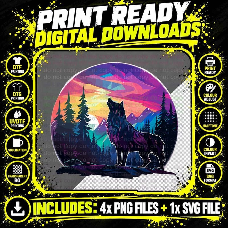 Wolf in Forest Northern Lights Colorful Gift Idea T-Shirt Png SVG Digital Bundle