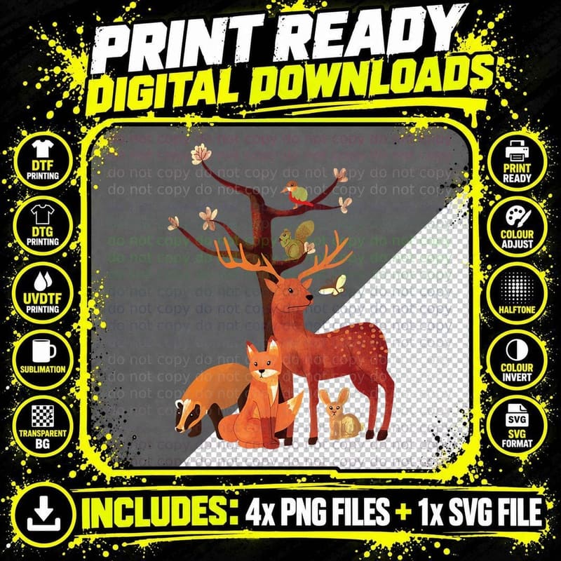 Woodland Animals Deer Fox Rabbit Squirrel Watercolor Png SVG Digital Bundle