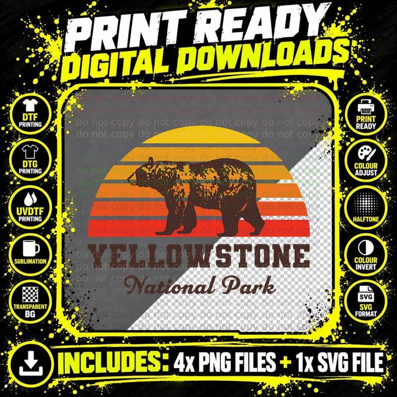 Yellowstone National Park Bear Sunset Yellow T-Shirt Png SVG Digital Bundle