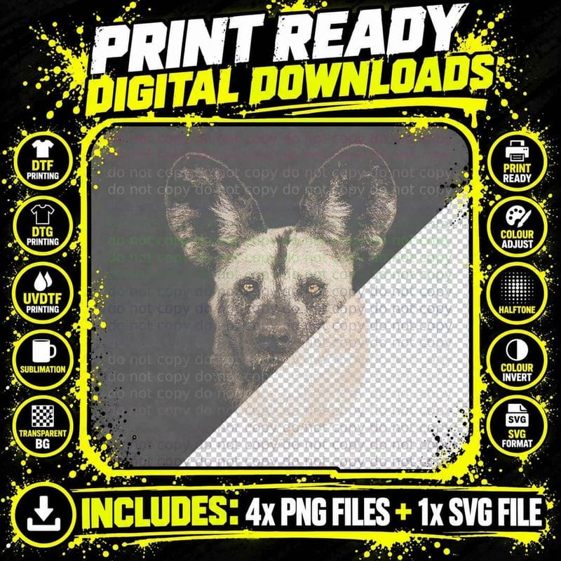 African Wild Dog Portrait Wildlife Safari Theme T-Shirt Png SVG Digital Bundle