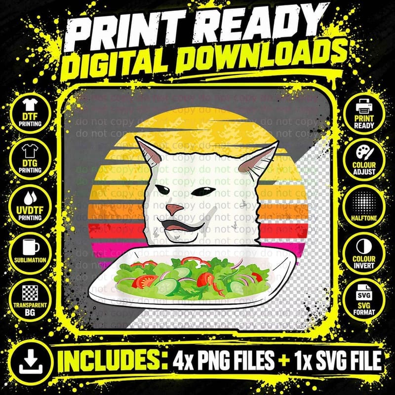 Angry Women Yelling at Confused Cat at Dinner Table Meme Png SVG Digital Bundle