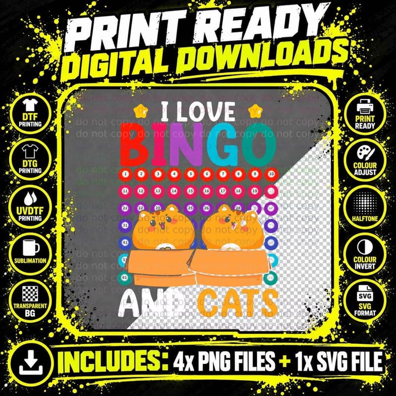 Animal Cat Lover Lotto Bingo Player Pet Gambling Hobby Png SVG Digital Bundle