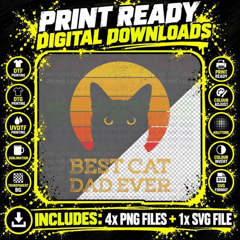 Best Cat Dad Ever Vintage Funny Cat Daddy Fathers Day Png SVG Digital Bundle
