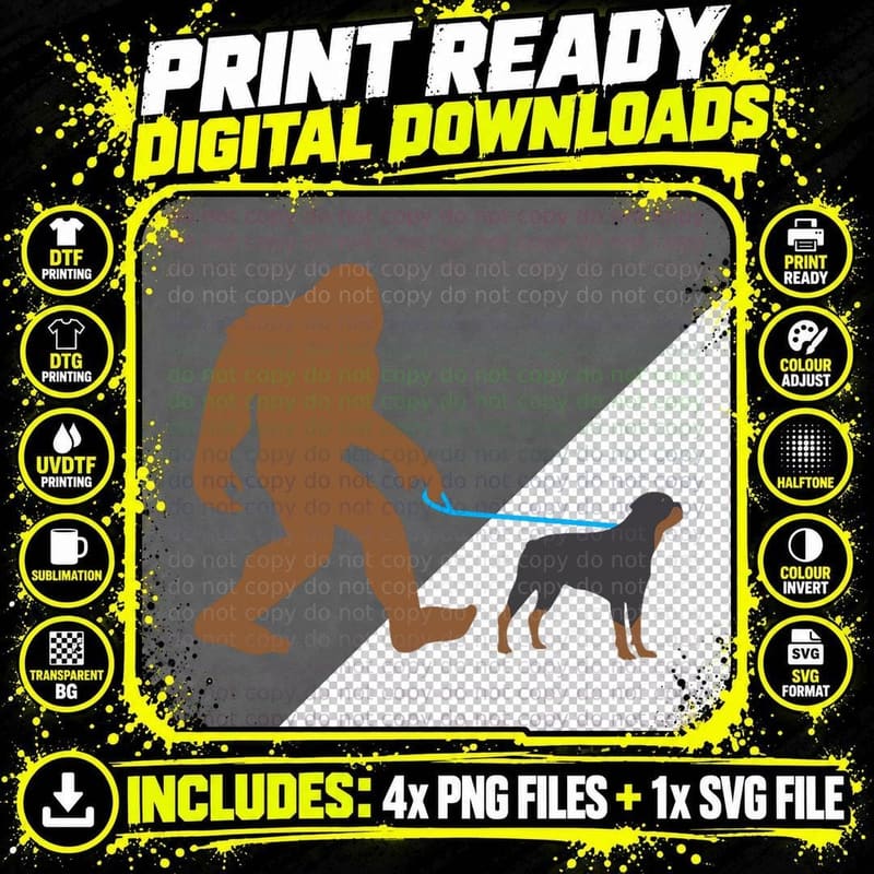 Bigfoot Walking Rottweiler Dog Funny Sasquatch Gift Png SVG Digital Bundle