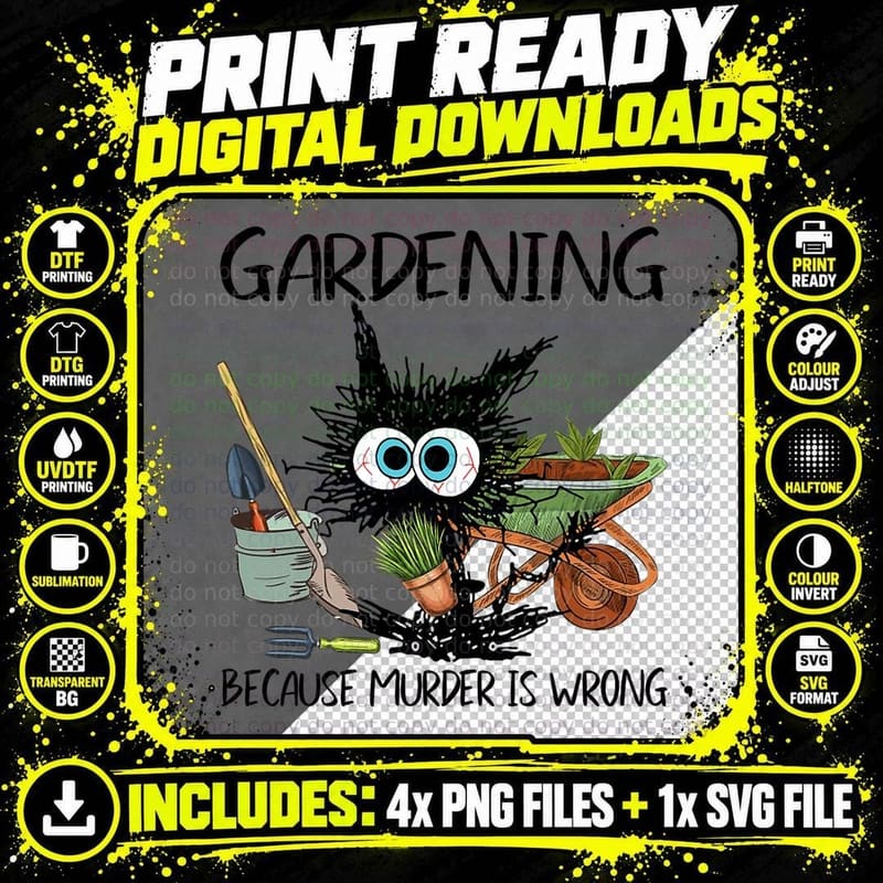Black Cat Do Gardening Because Murder Is Wrong T-Shirt Png SVG Digital Bundle