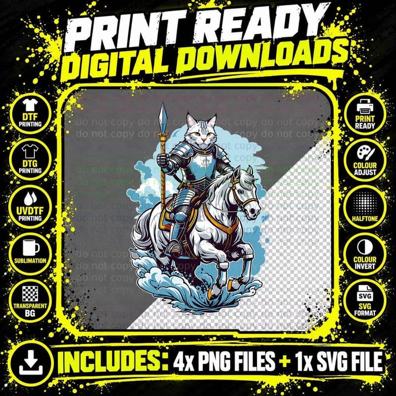 Brave Cat Knight on a Fantasy Horse T-Shirt Png SVG Digital Bundle
