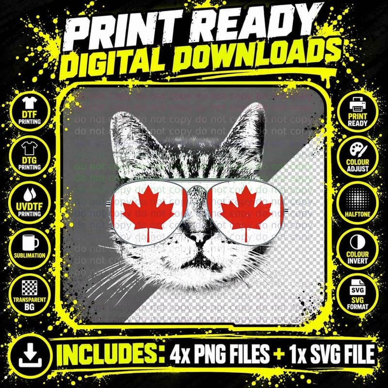 Canada Flag Canadian Cat Sunglasses Funny T Shirt Men Png SVG Digital Bundle