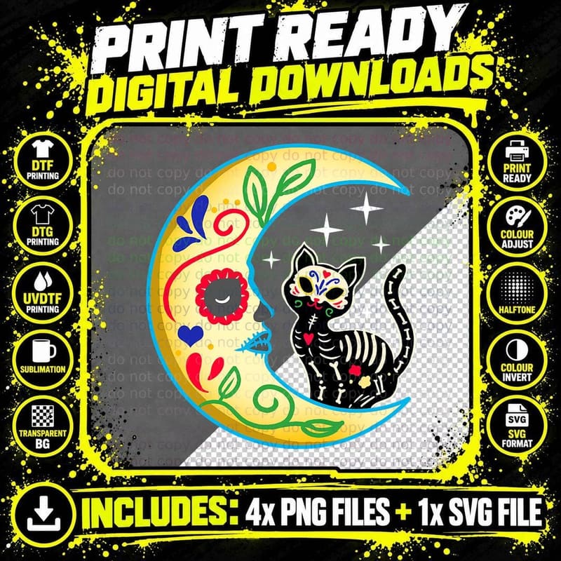 Cat & Moon Sugar Skull Dia De Los Muertos Png SVG Digital Bundle