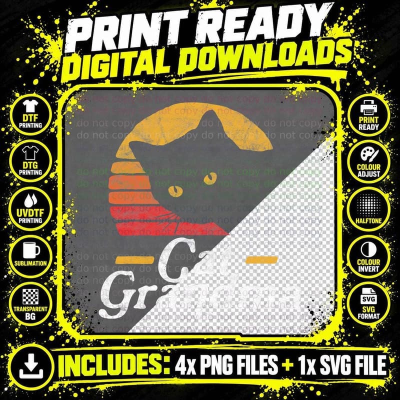 Cat Grandma Vintage Eighties Style Sun Cat Retro Png SVG Digital Bundle