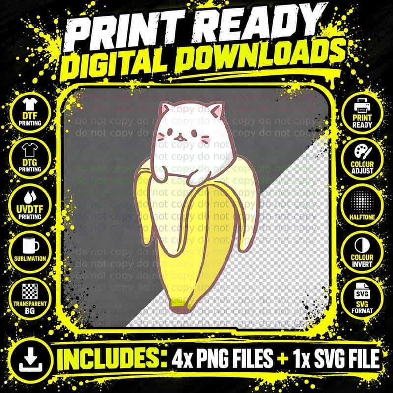 Cat in Banana T-Shirt Png SVG Digital Bundle