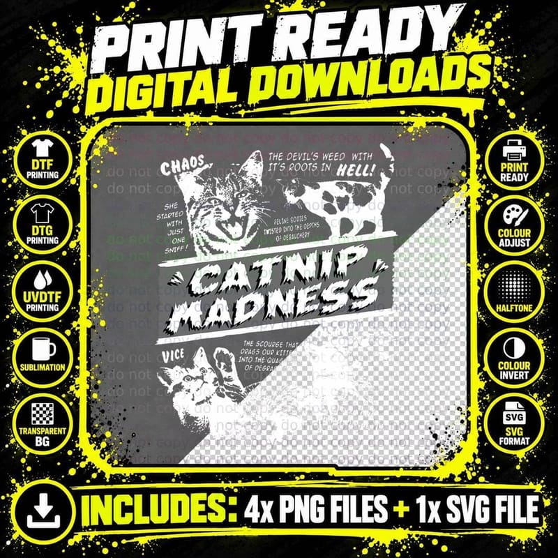 Catnip Madness Cute Kitten Funny Cat Pet Humor T-Shirt Png SVG Digital Bundle