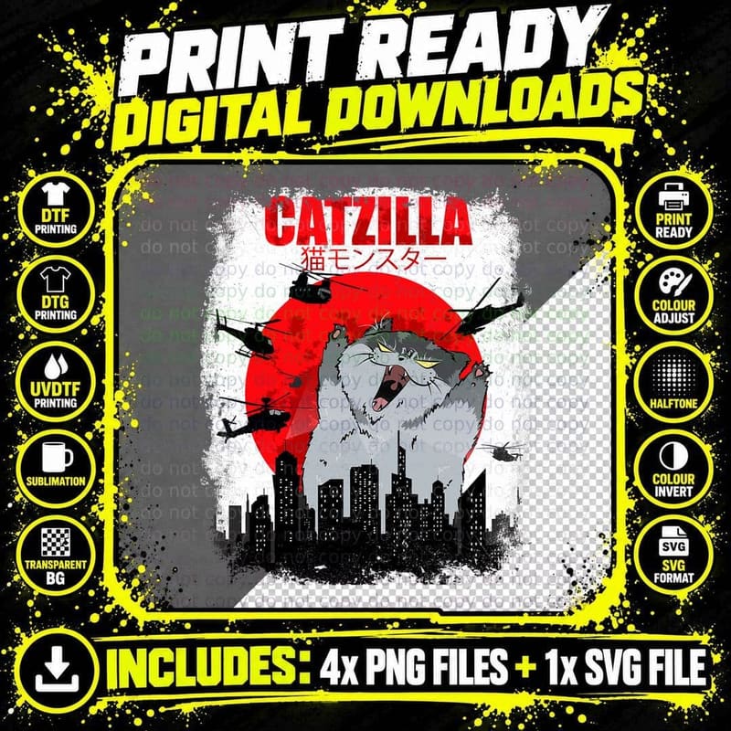 Catzilla Funny Cat Graphic Vintage for Cat Lover T-Shirt Png SVG Digital Bundle